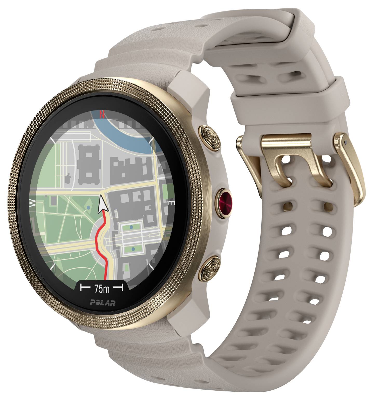 Smartwatch mit GPS-Kartennavigation auf dem runden Display, das eine Routenlinie, einen Standortpfeil und eine 75-m-Skala anzeigt.