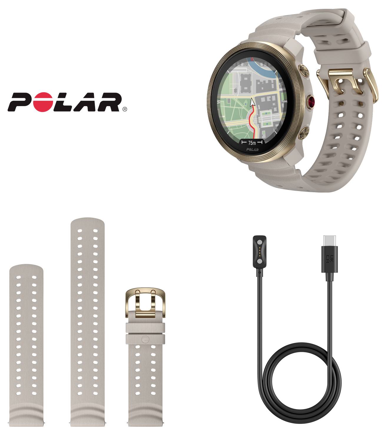 Polar Smartwatch mit beigem Armband, dargestellt mit zusätzlichen Armbandteilen und USB-Ladekabel auf weißem Hintergrund.