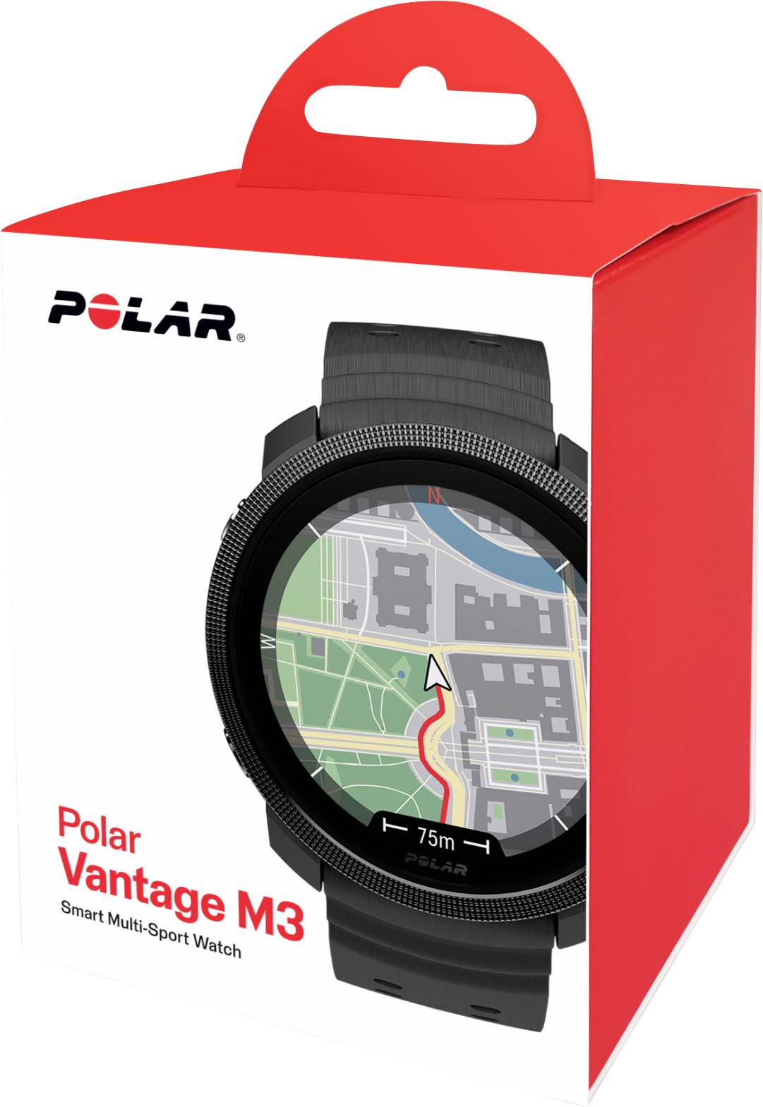 Produktbox für eine Polar Vantage M3 intelligente Multi-Sport-Uhr, die das Zifferblatt mit Navigationsnavigation auf dem Display zeigt.