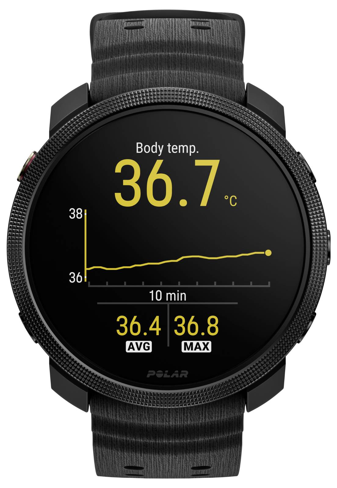 Eine Smartwatch-Anzeige zeigt eine Körpertemperatur von 36,7°C mit einem 10-Minuten-Trendgraphen, Durchschnitt 36,4 und Maximum 36,8.