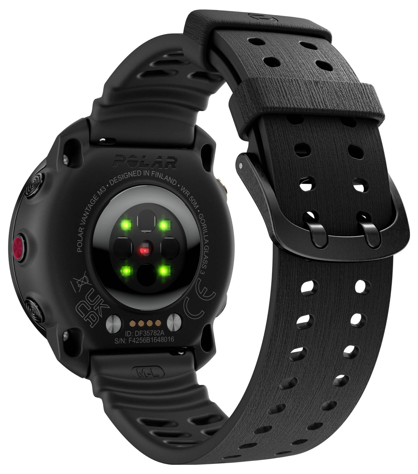 Schwarze Polar-Fitnessuhr von hinten gezeigt, mit Herzfrequenzsensor-Leuchten und perforierten Riemen.