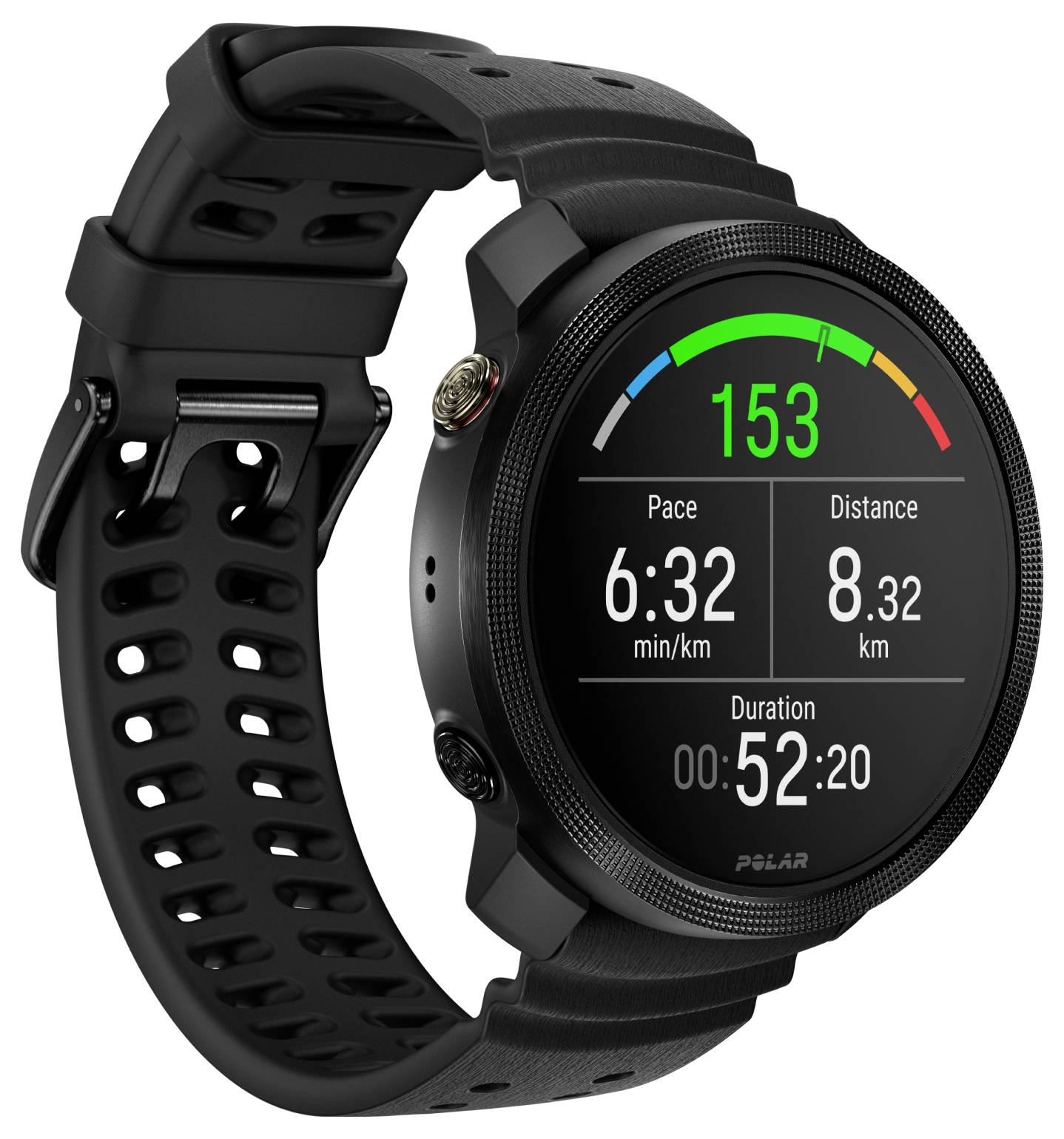 Schwarze Polar GPS Sporthr zeigt Trainingsmetriken an: Herzfrequenz 153, Tempo 6:32 min/km, Distanz 8,32 km, Dauer 00:52:20.