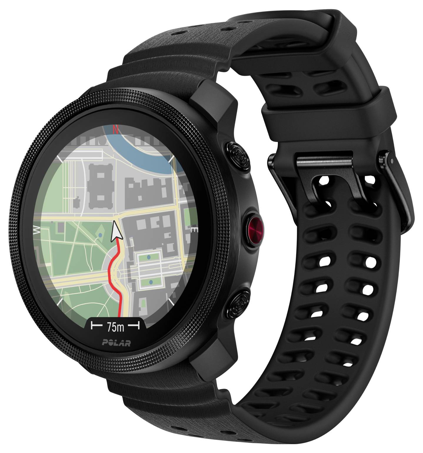 Schwarze Polar GPS Smartwatch mit einem Karten-/Navigationsbildschirm, der eine Route und einen Standortpfeil anzeigt.