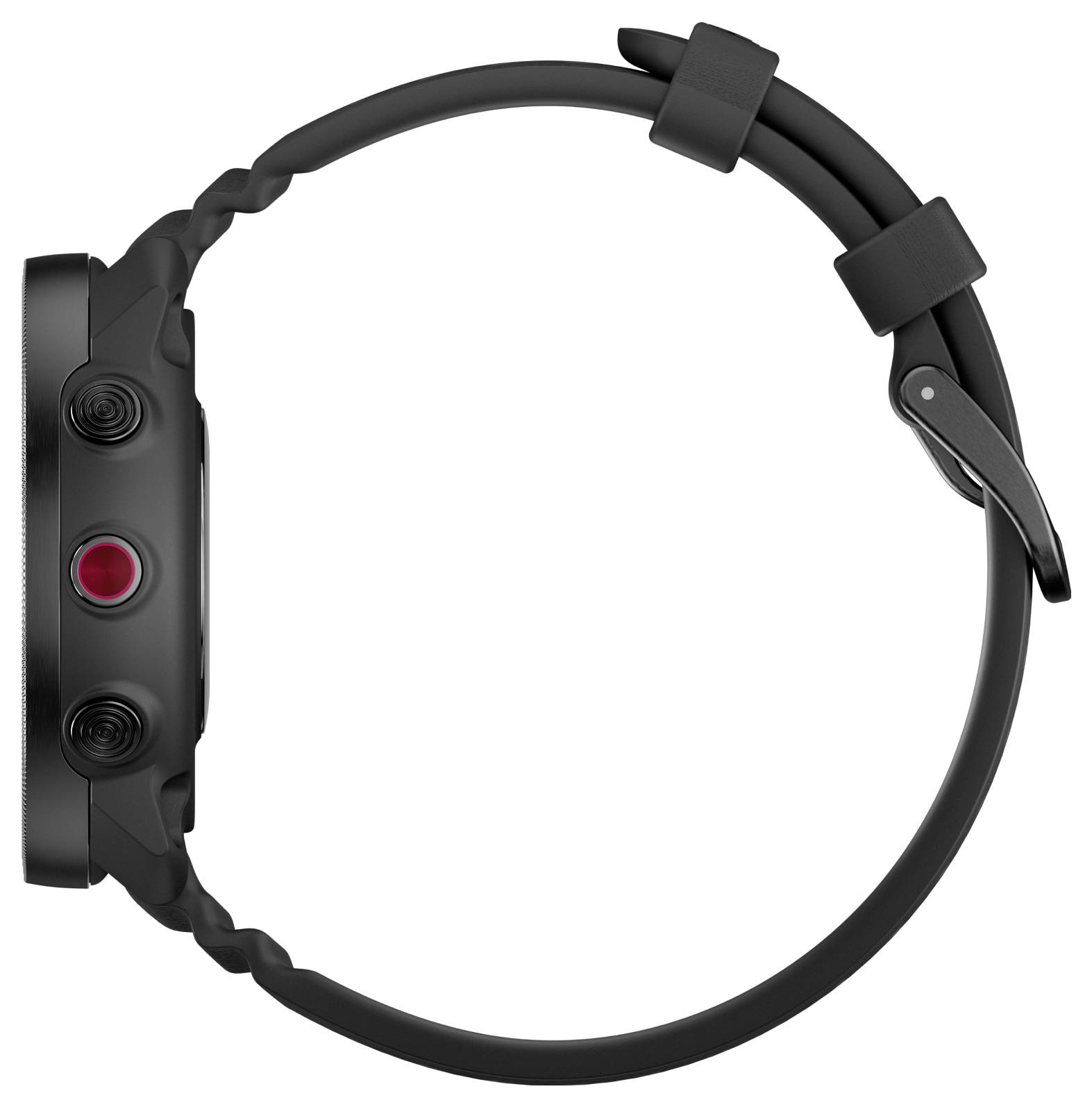 Schwarze Smartwatch in Seitenansicht mit rundem Armband, digitaler Krone, rotem Knopf und zwei seitlichen Knöpfen auf weißem Hintergrund.