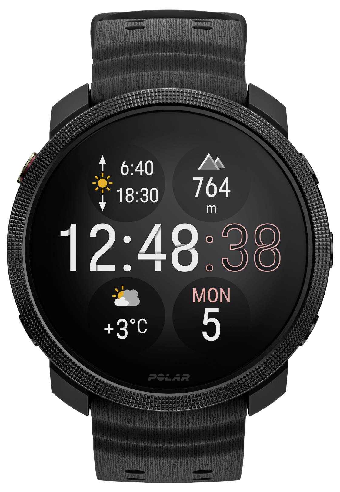 Polar Smartwatch mit runder Anzeige zeigt die Uhrzeit 12:48:38, Montag 5, +3°C, Sonnenaufgang 6:40, Sonnenuntergang 18:30 und Höhe 764 m.