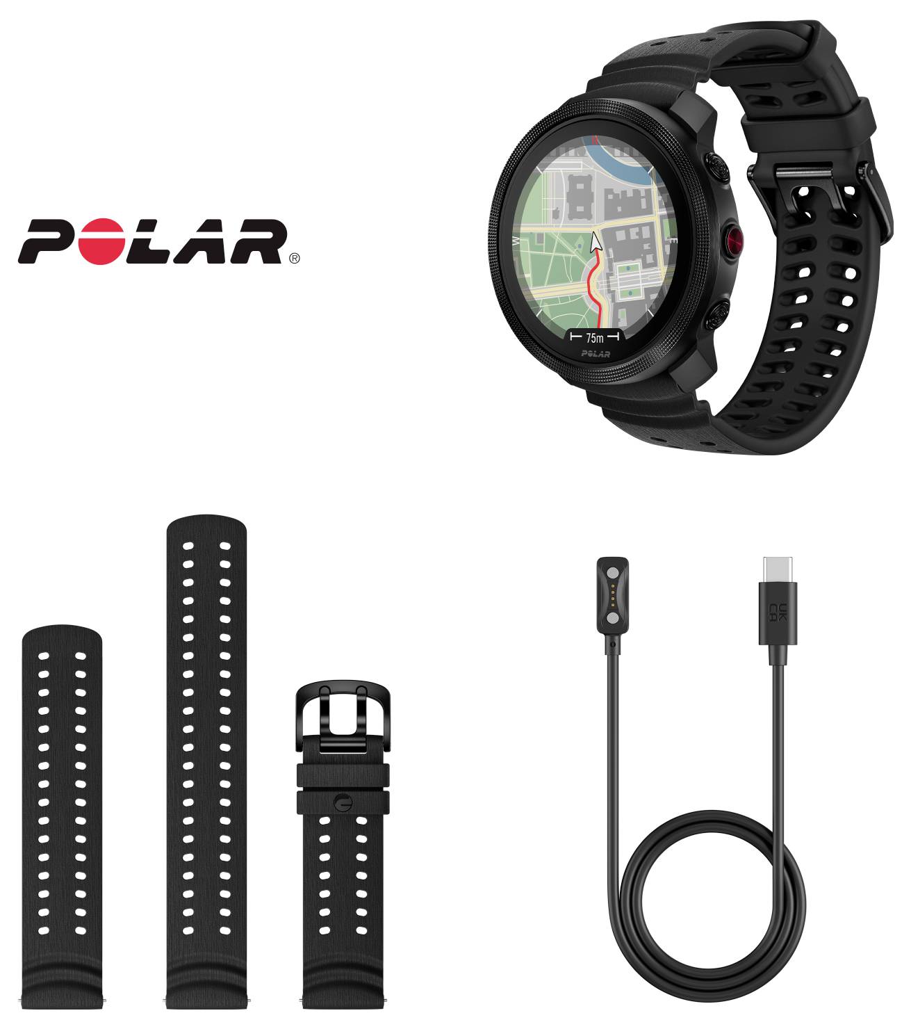 Polar-Smartwatch mit Navigationskartenangaben auf dem Display, plus drei schwarze Armband-Optionen und ein Ladekabel/Zubehör.