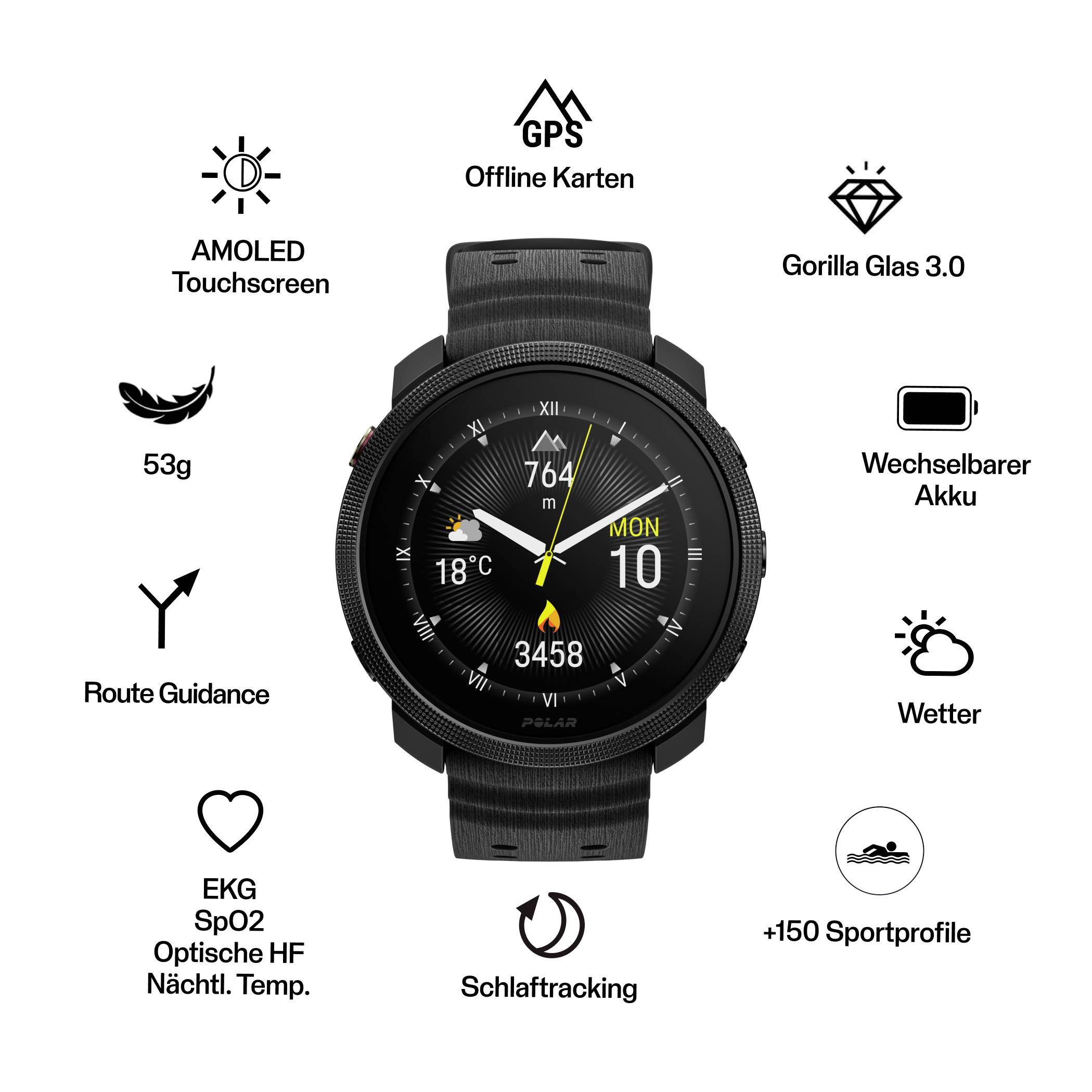 Schwarze Smartwatch mit Runddisplay; hervorgehoben sind GPS-Offline-Karten, AMOLED-Touchscreen, Gorilla Glass 3.0, wechselbarer Akku, Wetter, Schlaftracking und +150 Sportprofile.