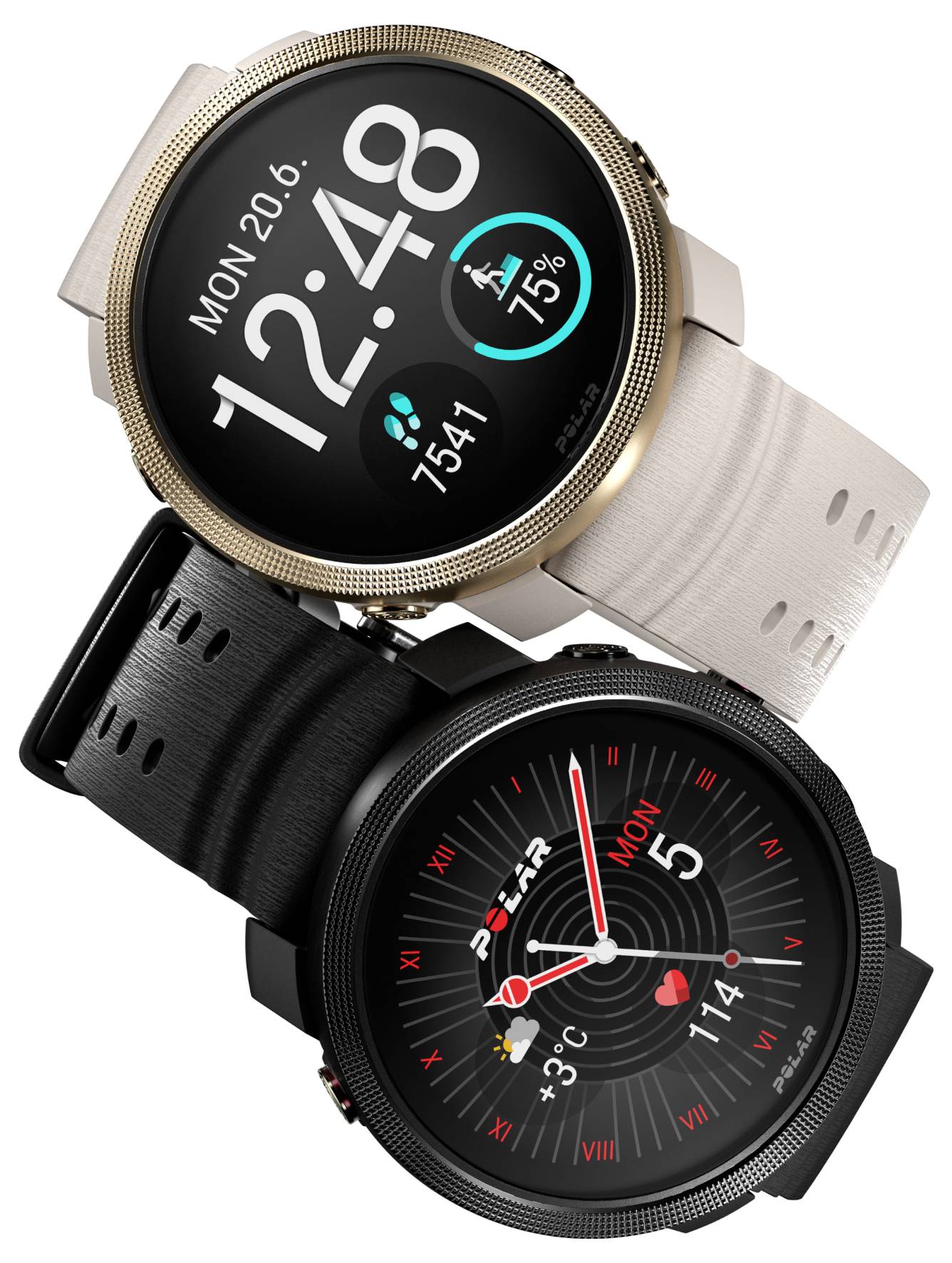 Zwei Smartwatches diagonal angeordnet, eine in Roségold und eine in Schwarz, jede mit einem digitalen oder analog gestalteten kreisförmigen Zifferblatt, das die Uhrzeit und Fitnessdaten anzeigt.