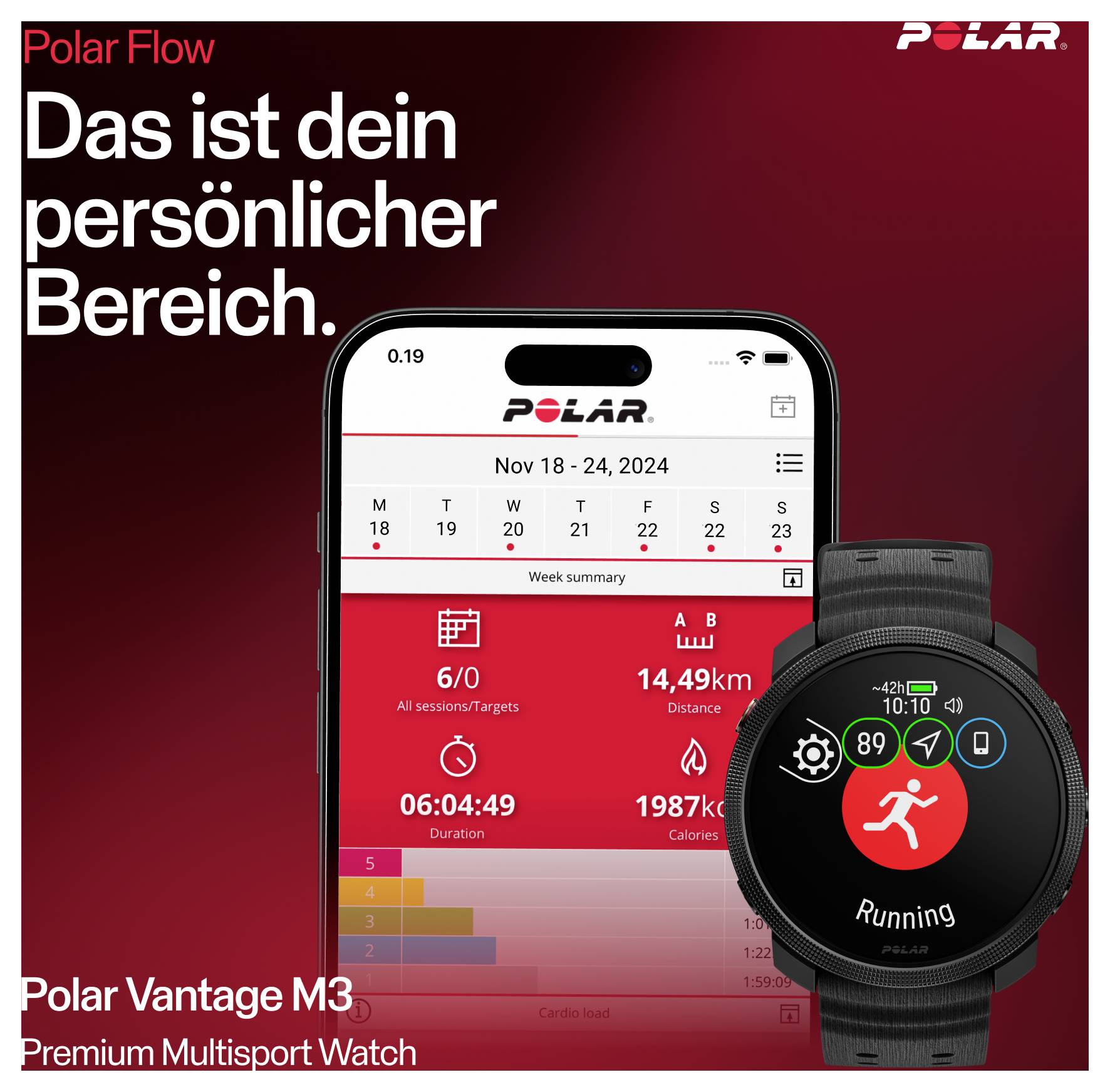 Werbegrafik für Polar Flow und Polar Vantage M3: Smartphone-App mit Wochenübersicht und Laufuhr vor rotem Hintergrund, Slogan 'Das ist dein persönlicher Bereich.'