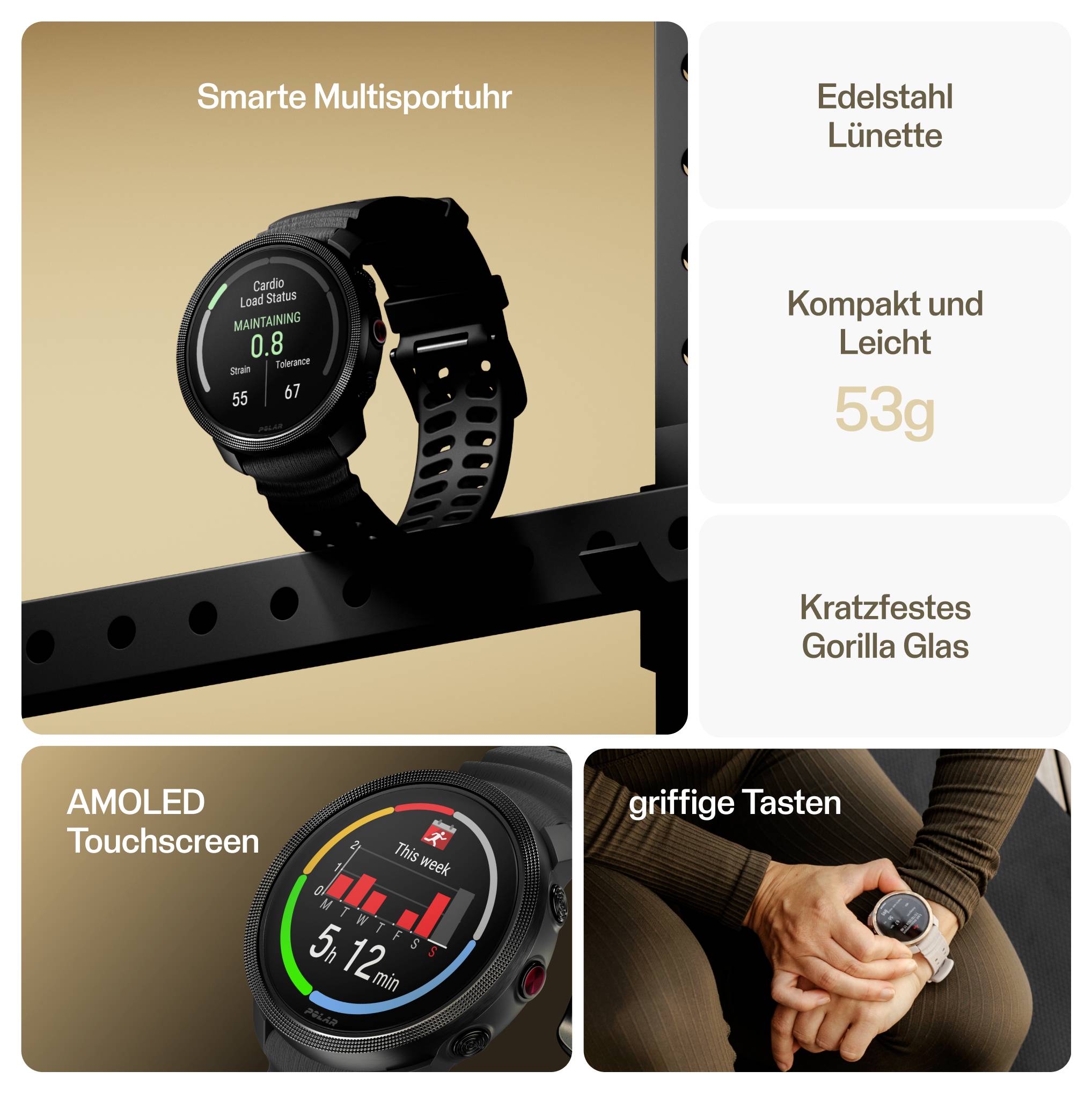 Werbebild einer Smartwatch mit Texten: 'Smarte Multifortuhr', 'Edelstahl Lünette', 'Kompakt und Leicht 53g', 'Kratzfestes Gorilla Glas', 'AMOLED Touchscreen' und 'griffige Tasten'.