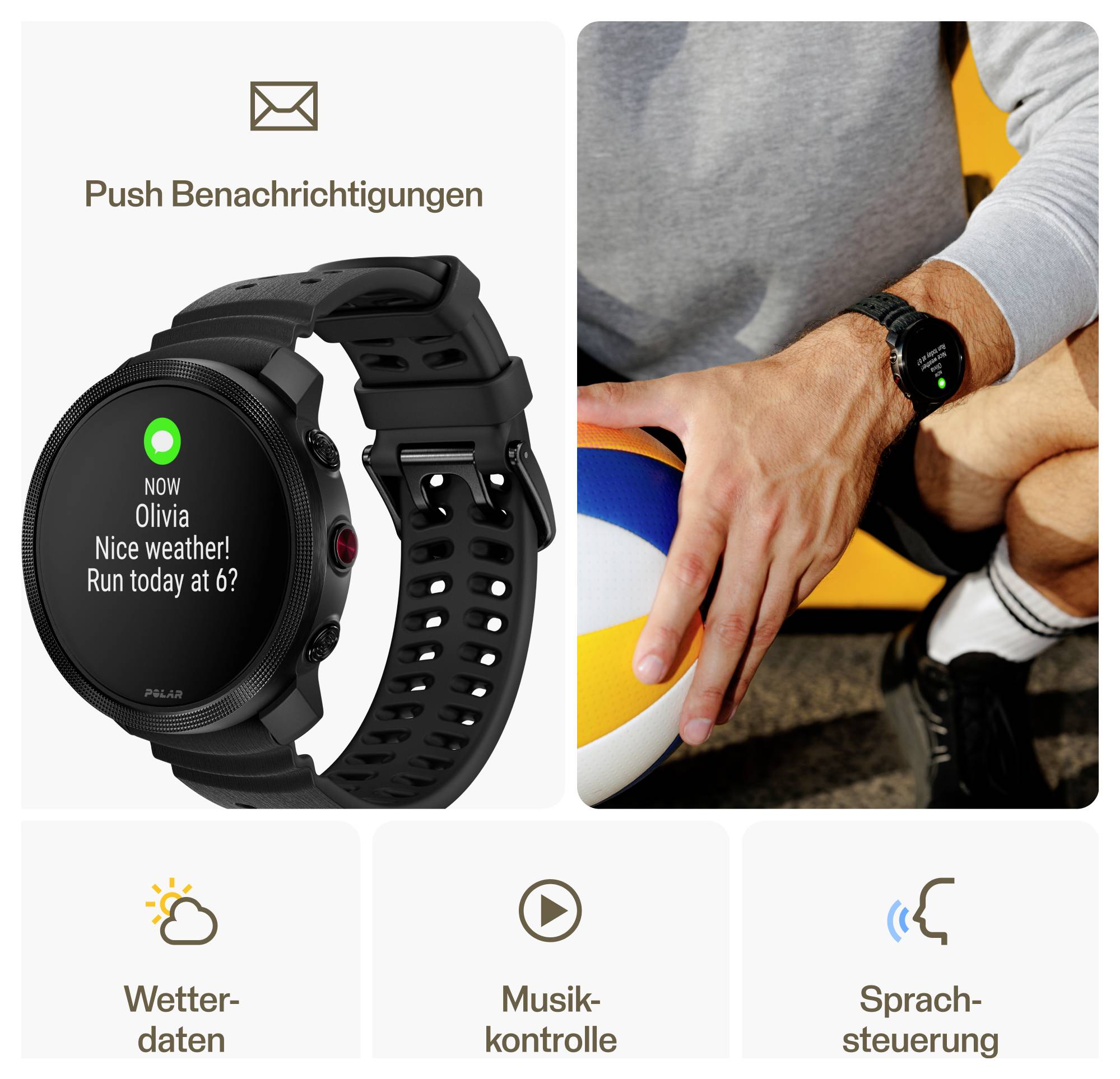 Werbung für eine Smartwatch mit Push-Benachrichtigungen, Wetterdaten, Musikkontrolle und Sprachsteuerung; rechts trägt eine Person die Uhr beim Sport.
