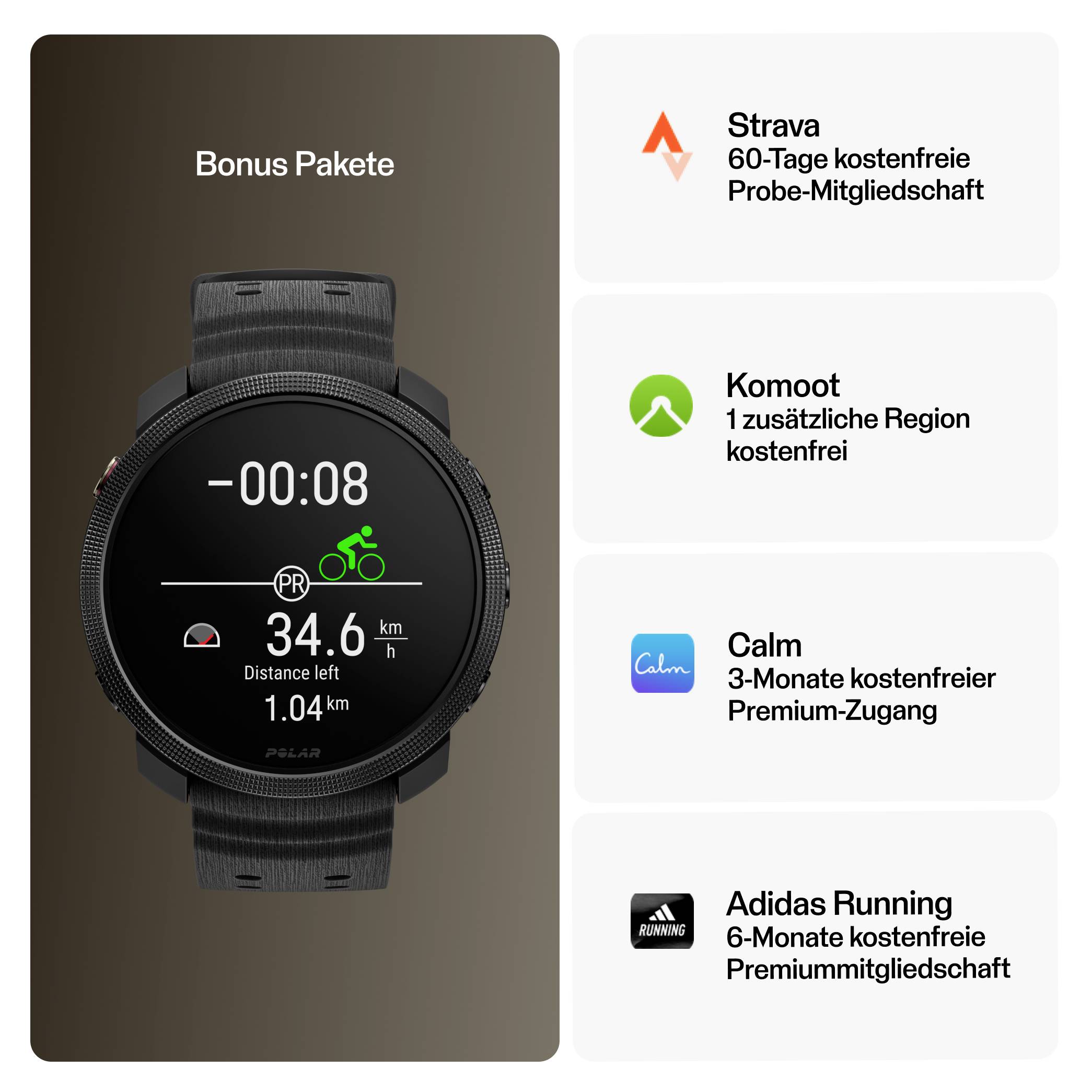 Werbegrafik mit Sportuhr und dem Titel 'Bonus Pakete'; rechts vier Vorteile: Strava 60-Tage Probe-Mitgliedschaft, Komoot 1 Region, Calm 3 Monate Premium, Adidas Running 6 Monate Premium.
