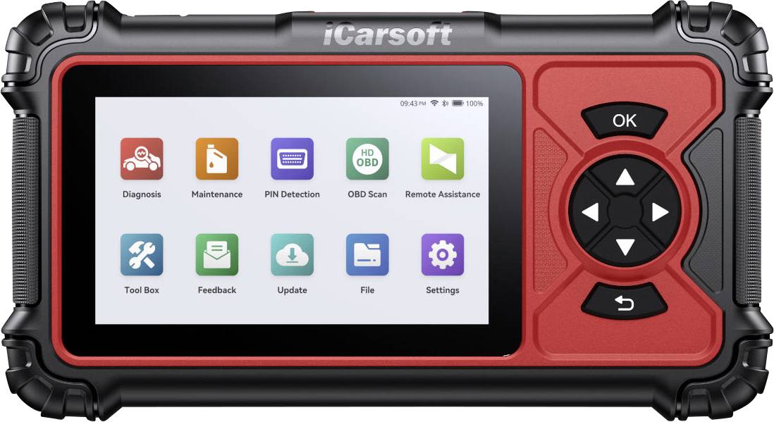 iCarsoft-Automobildiagnose-Scanner-Startbildschirm mit Symbolen für Diagnose, Wartung, PIN-Erkennung, OBD-Scan, Fernunterstützung, Werkzeugkasten, Feedback, Update, Datei und Einstellungen.