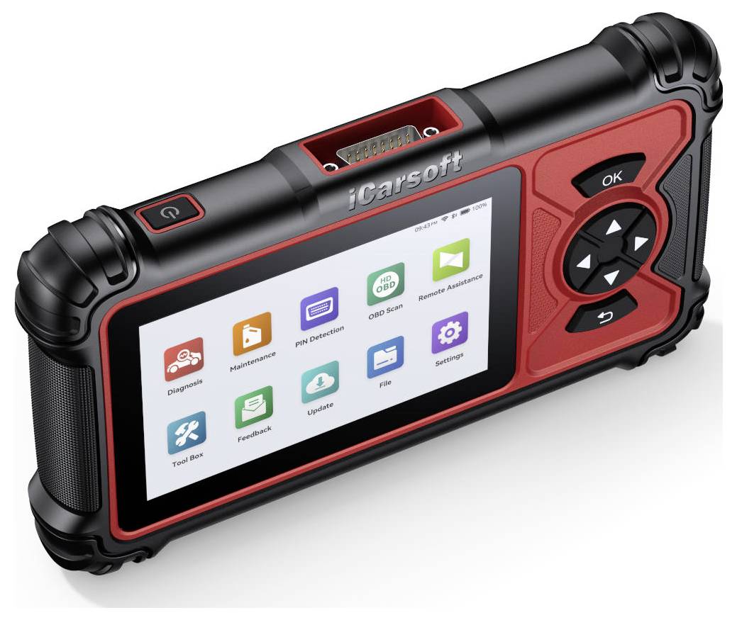 Robuster iCarsoft-Automobildiagnose-Scanner mit einem Touchscreen-Startmenü und physischen Navigationsschaltflächen.