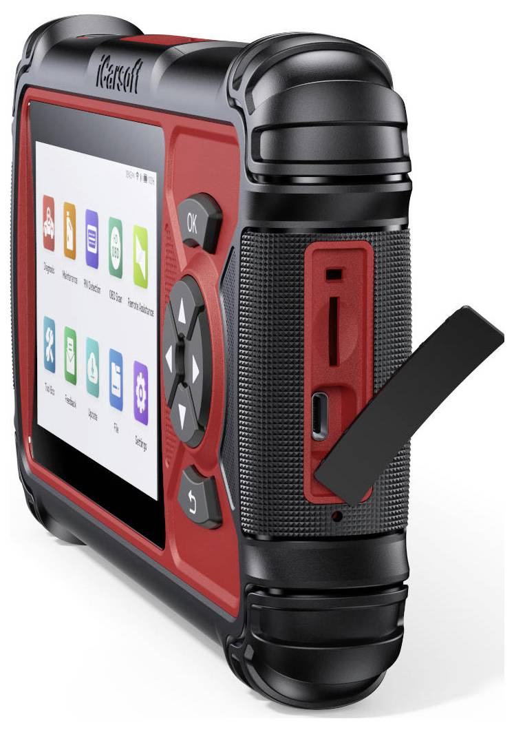 Robustes rotes und schwarzes tragbares Diagnose-Tablet mit Touchscreen, Richtungstasten und seitlichen USB-/SD-Anschlüssen, in Schrägansicht dargestellt.