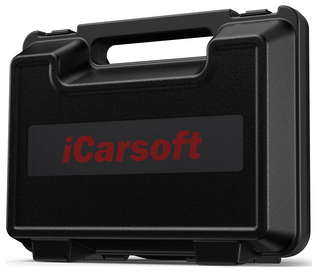 Schwarzes iCarsoft Hartschalentragetui mit Griff und rotem Logo auf der Vorderseite.
