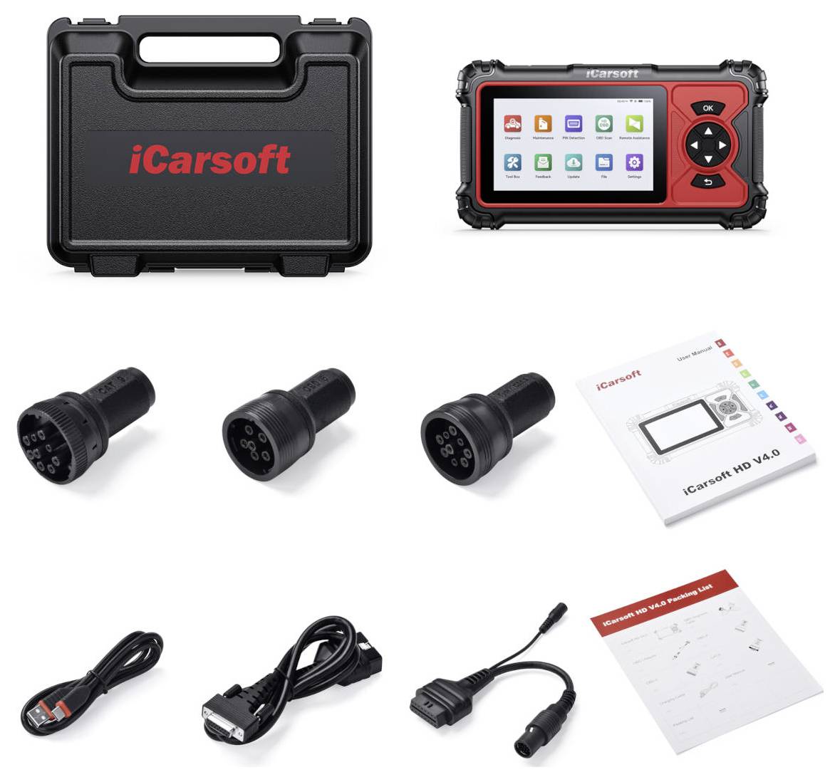 iCarsoft Diagnosescanner-Set mit Transporttasche, tragbares OBD-Gerät, Adapterkabel, Benutzerhandbuch und Zubehörkabel.