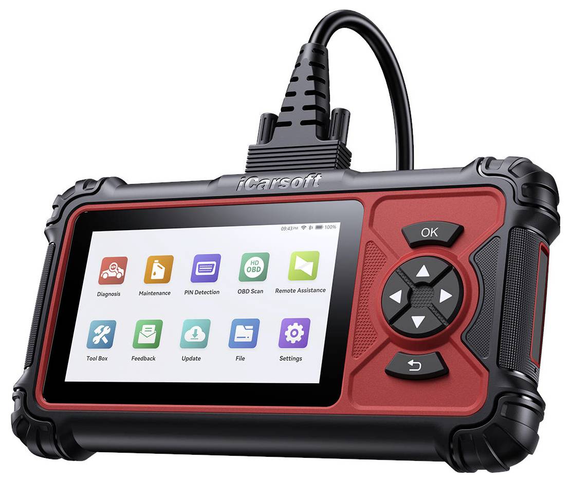 Tragbarer iCarsoft Automobildiagnosescanner mit Touchscreen-Menü mit Symbolen für Diagnose, Wartung, OBD-Scan, Fernunterstützung, Update, Datei und Einstellungen.