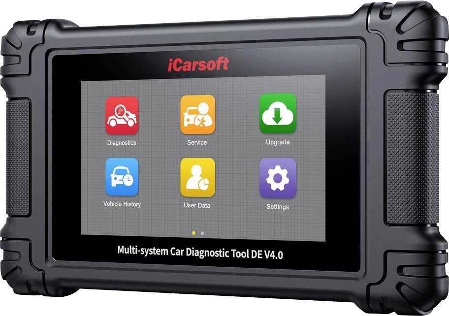 iCarsoft Multi-System-Autodiagnostic-Tablet zeigt einen Startbildschirm mit den Symbolen Diagnose, Service, Upgrade, Fahrzeugverlauf, Benutzerdaten und Einstellungen.