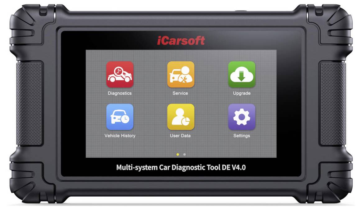 Robustes iCarsoft Multi-System-Kfz-Diagnosetablett mit sechs App-Symbolen: Diagnose, Service, Upgrade, Fahrzeugverlauf, Benutzerdaten und Einstellungen.