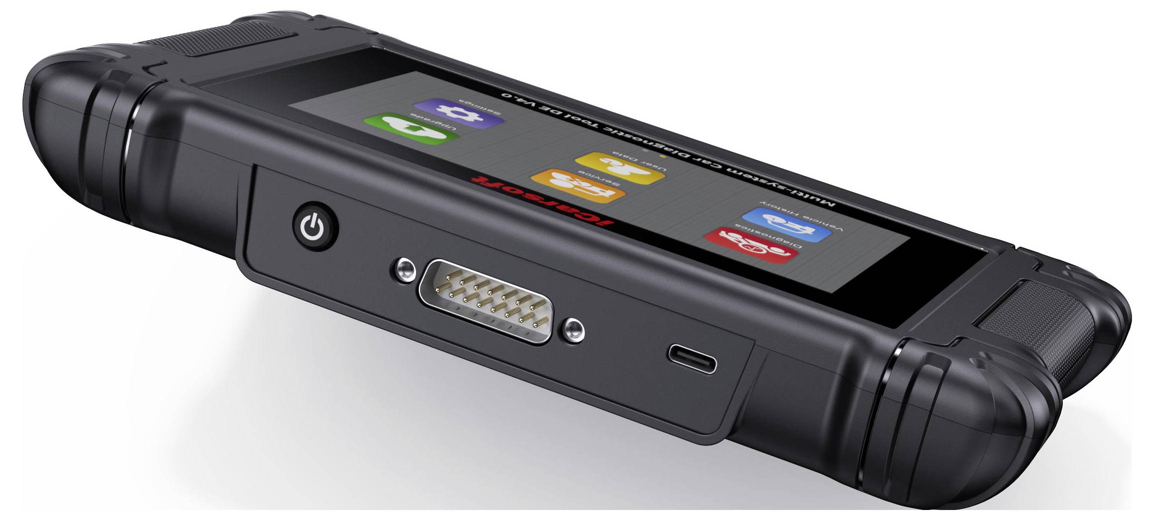 Robustes schwarzes tragbares elektronisches Gerät mit einem Touchscreen, auf dem App-Symbole angezeigt werden, einem Stromschalter, einem USB-C-Anschluss und einem Verbindungsanschluss.
