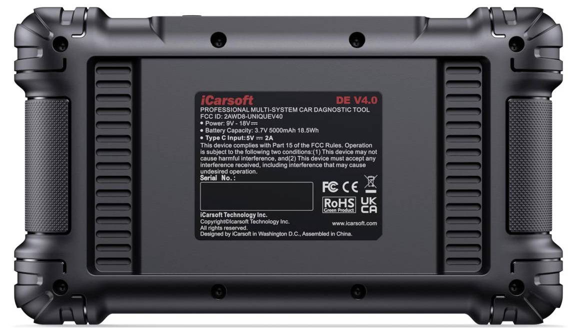 Rückansicht eines iCarsoft DE V4.0 professionellen Multi-System-Autodiagnosewerkzeugs mit Beschriftung, die Batteriekapazität, Stromeingabe und Zertifizierungszeichen anzeigt.