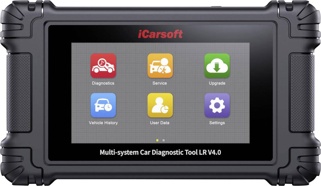 Tragbares iCarsoft-Fahrzeugdiagnosetool mit einem Menü von sechs Funktionen: Diagnose, Service, Aktualisierung, Fahrzeugverlauf, Benutzerdaten und Einstellungen.