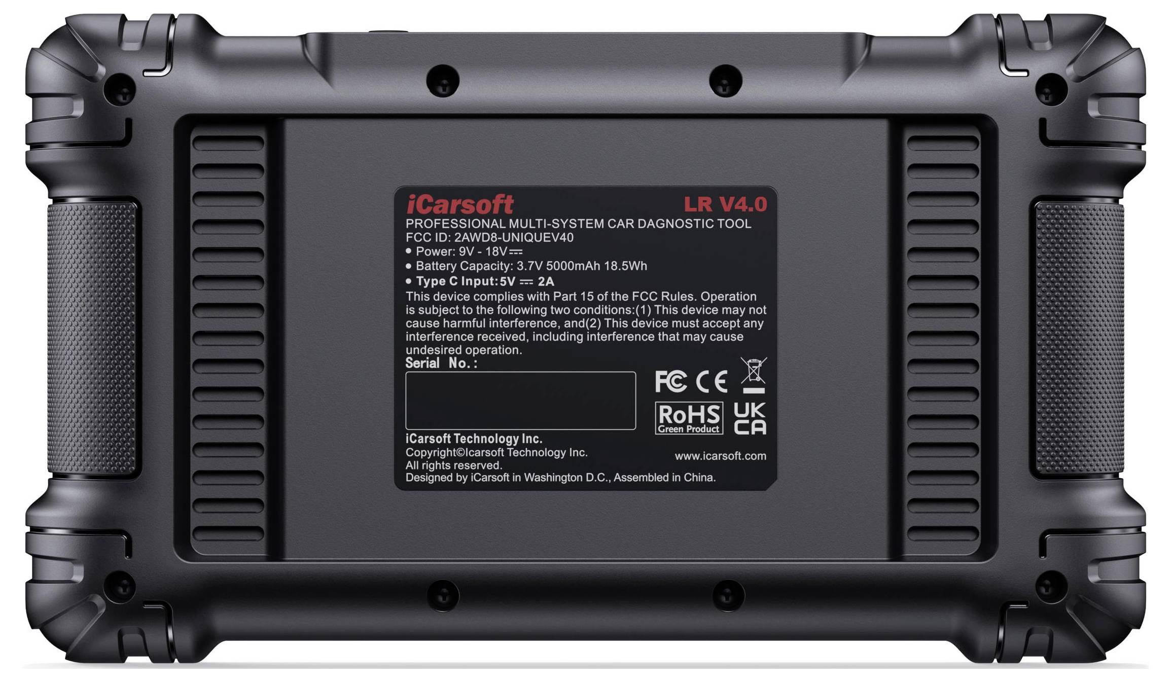 Rückansicht eines robusten iCarsoft LR V4.0 professionellen Mehrschicht-Autodiagnosegeräts, das das Produktetikett und die Modellinformationen auf seinem Gehäuse zeigt.