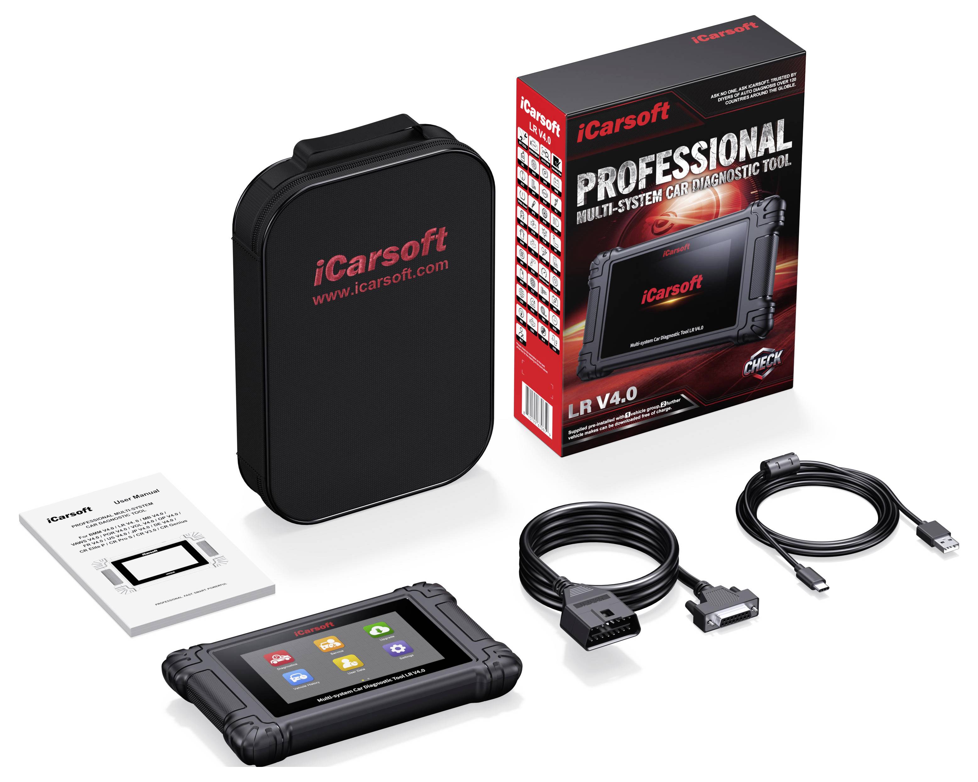 iCarsoft Professionelles Multi-System-Kfz-Diagnose-Toolkit mit tragbarem Scanner, Transportkoffer, Kabeln, Handbuch und Einzelhandelsverpackung.