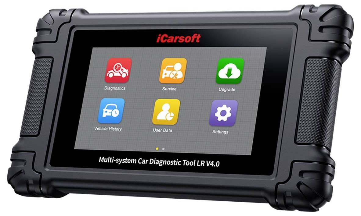 Robustes iCarsoft Multi-System-Kfz-Diagnosetool-Tablet mit Startbildschirm, der die Symbole Diagnose, Service, Upgrade, Fahrzeugverlauf, Benutzerdaten und Einstellungen anzeigt.