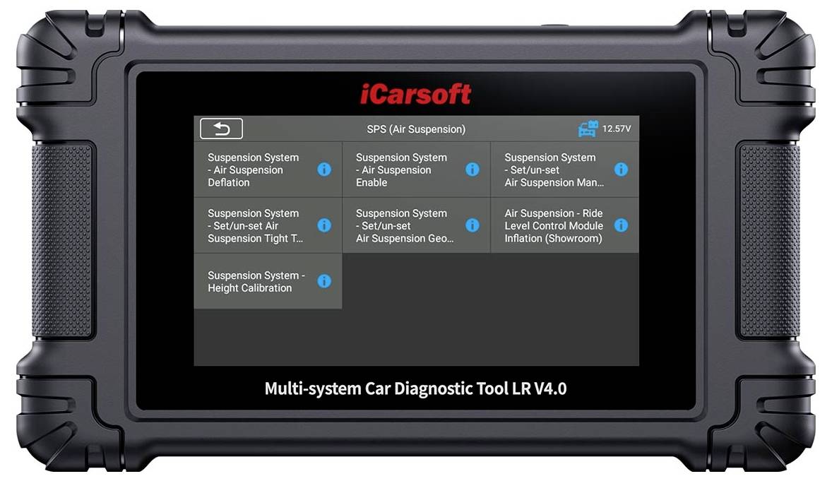 Robustes iCarsoft-Automobildiagnose-Tablet mit dem SPS-Luftfederungsmenü, das Optionen für Entlüftung, Aktivierung, Einstellen/Zurücksetzen und Höhenkalibrierung zeigt.