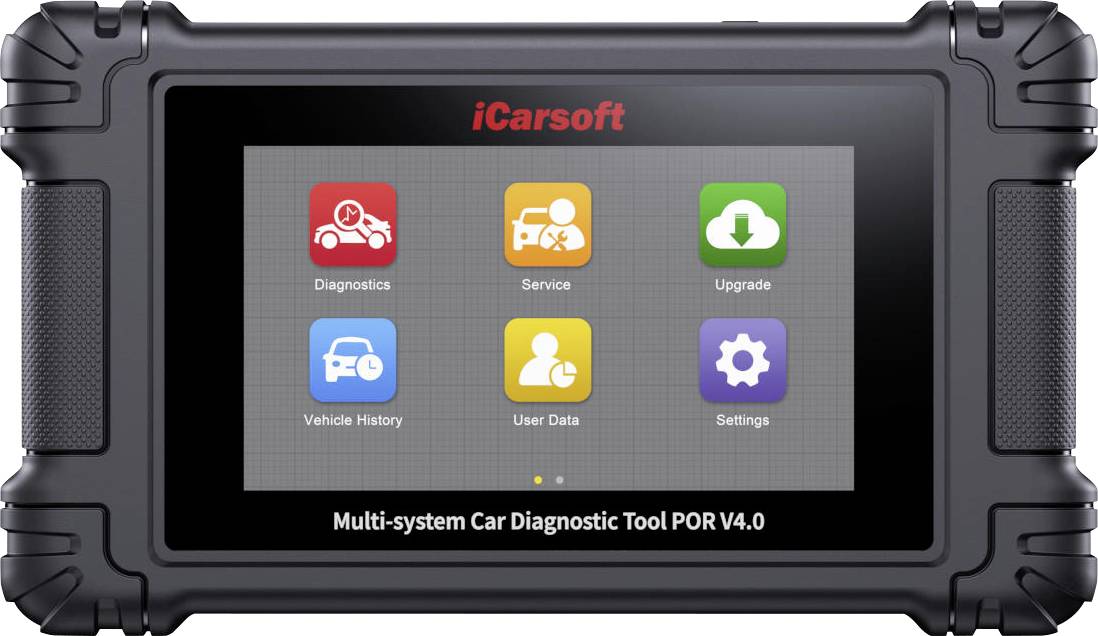 iCarsoft Multi-System-Autodiagnosetool mit Touchscreen, das sechs App-Symbole anzeigt: Diagnose, Service, Upgrade, Fahrzeugverlauf, Benutzerdaten und Einstellungen.