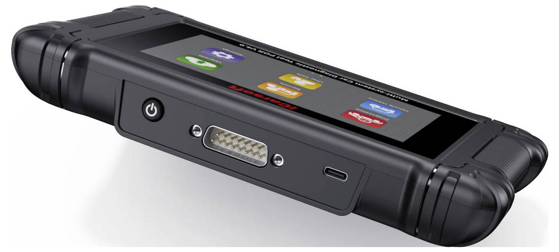 Robustes tragbares elektronisches Gerät mit einem Touchscreen, der App-Symbole anzeigt, einer seitlichen Stromschaltfläche und einem Anschlussanschluss.