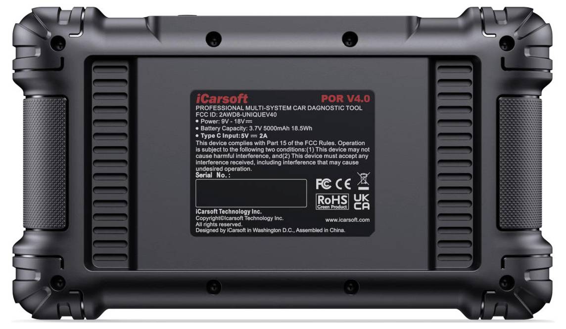 Rückseite eines robusten iCarsoft POR V4.0 professionellen Kfz-Diagnosegeräts mit Produktetikett und Spezifikationen.