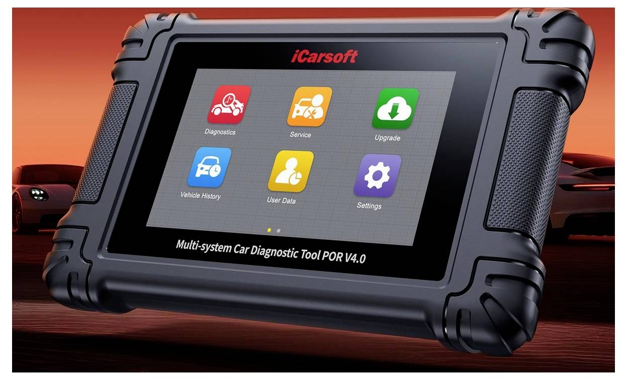 Tragbares iCarsoft-Autodiagnosegerät mit Touchscreen-Menü, das die Symbole Diagnose, Wartung, Aktualisierung, Fahrzeugverlauf, Benutzerdaten und Einstellungen anzeigt.