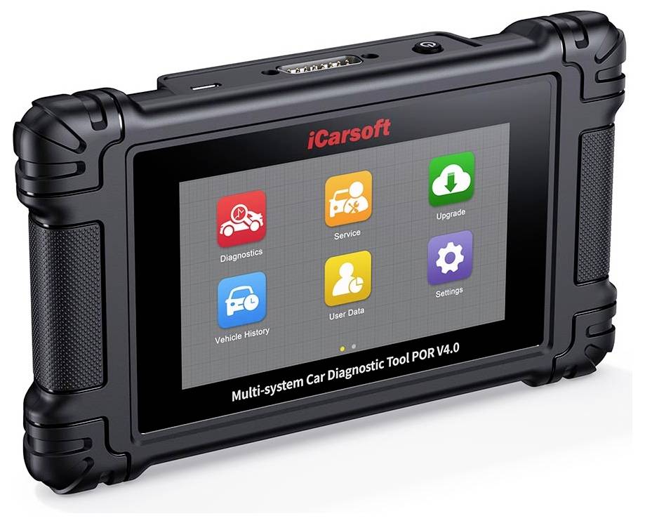 Robustes iCarsoft-Kfz-Diagnosetool mit Touchscreen-Menü mit den Symbolen Diagnose, Service, Upgrade, Fahrzeughistorie, Benutzerdaten und Einstellungen.