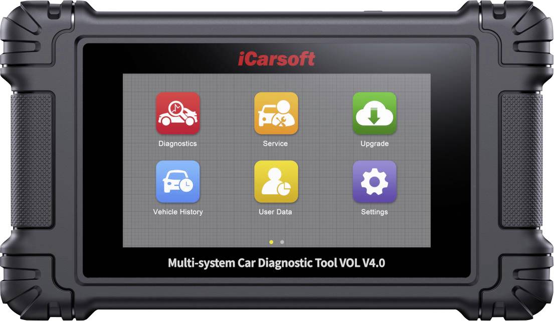 iCarsoft Multi-System-Autodiagnosetool V4.0 mit sechs Touchscreen-Optionen: Diagnose, Service, Aktualisierung, Fahrzeugverlauf, Benutzerdaten und Einstellungen.