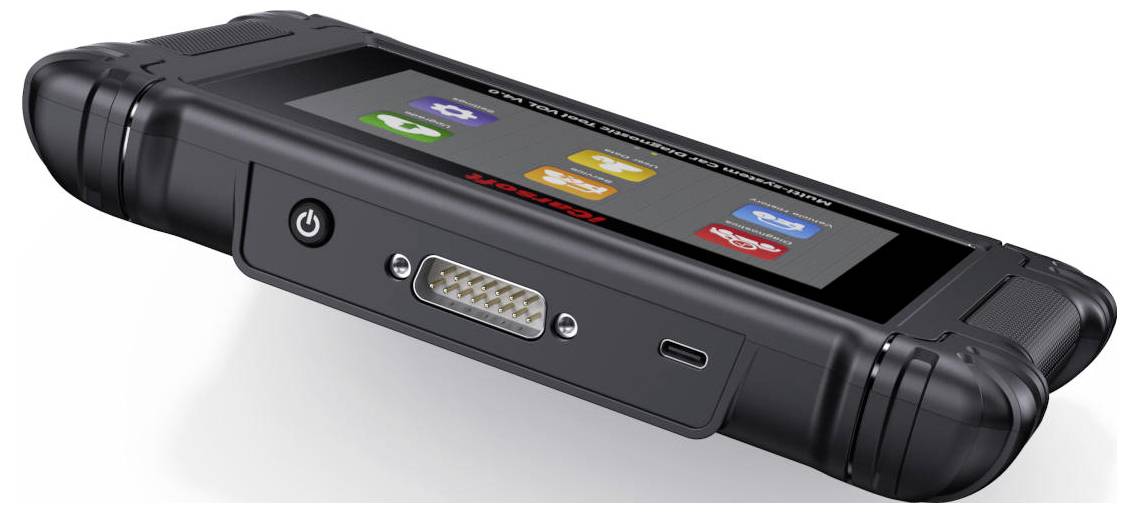 Robustes tragbares elektronisches Gerät mit Touchscreen, Stromschalter, Anschlussport und Schutzendkappen, dargestellt in Perspektive auf weißem Hintergrund.