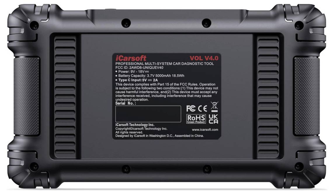 Rückansicht eines iCarsoft VOL V4.0 professionellen Multi-System-Kfz-Diagnosetablets mit zentralisiertem Produktetikett und robustem schwarzem Schutzgehäuse.