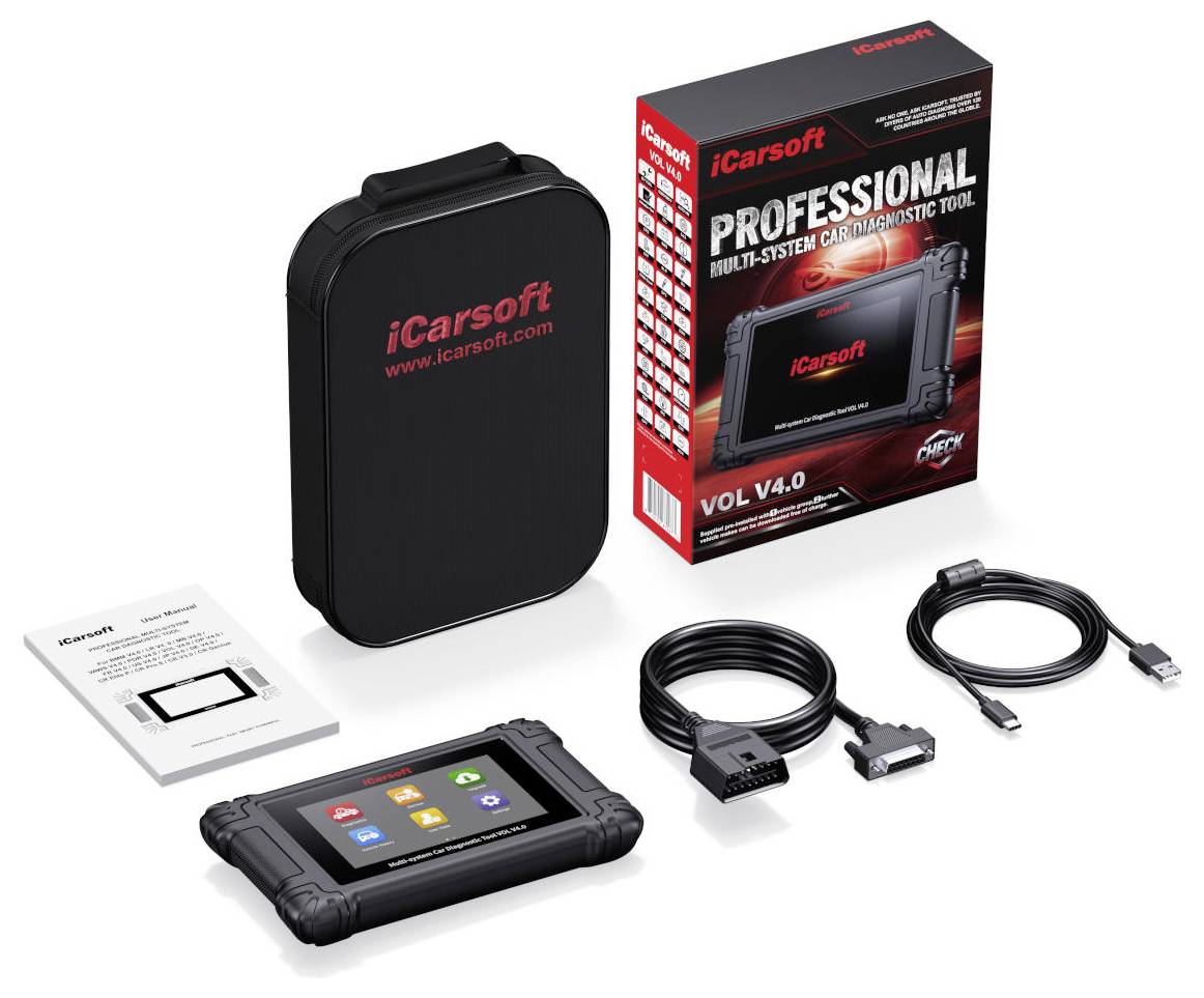 iCarsoft PROFESSIONAL Multi-System-Autodiagnosetool-Kit mit Tablet-Scanner, Transportkoffer, Box, Kabeln und Anleitung.