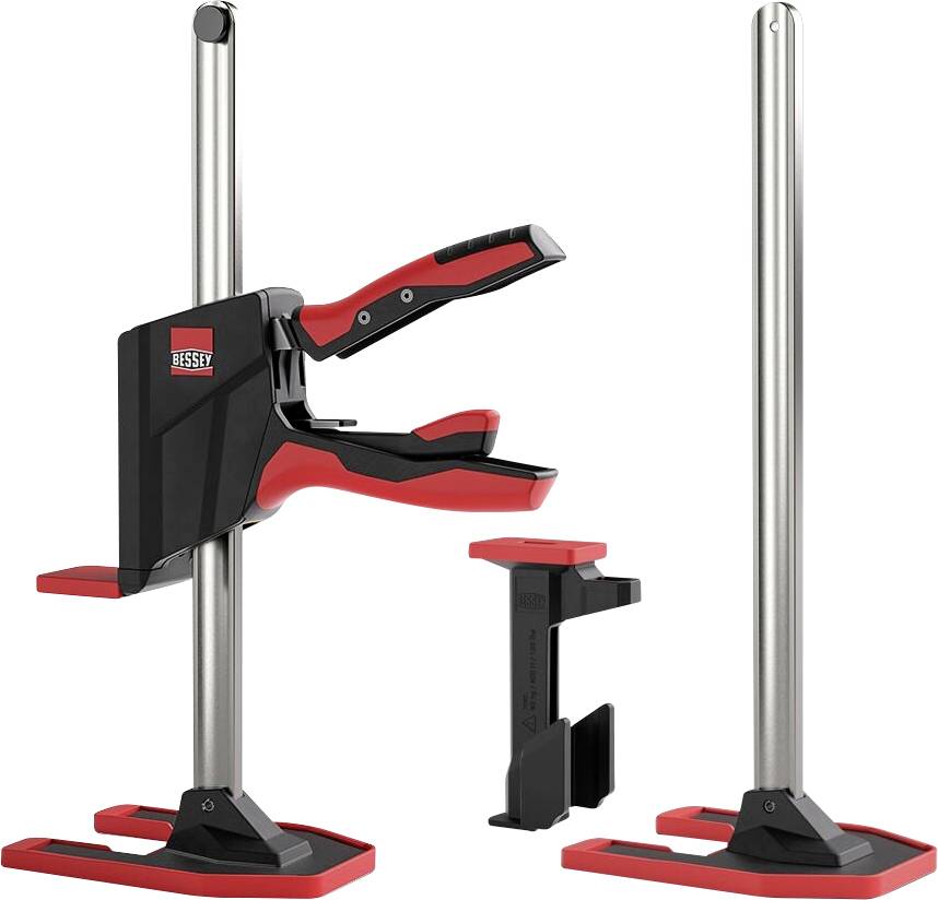 Verstellbares Bessey-Spannensystem mit zwei vertikalen Stahlstangen und rot-schwarzen Spannarmem zum sicheren Halten von Werkstücken.