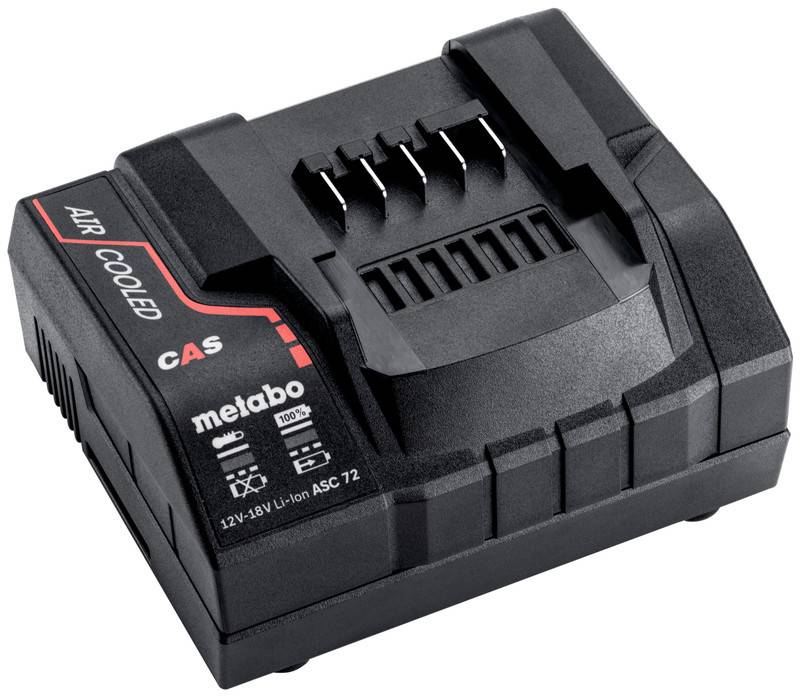 Schwarzes Metabo CAS Luftgekühltes Ladegerät für 12V-18V Li-Ion Batterien, gezeigt in Dreiviertelsicht.