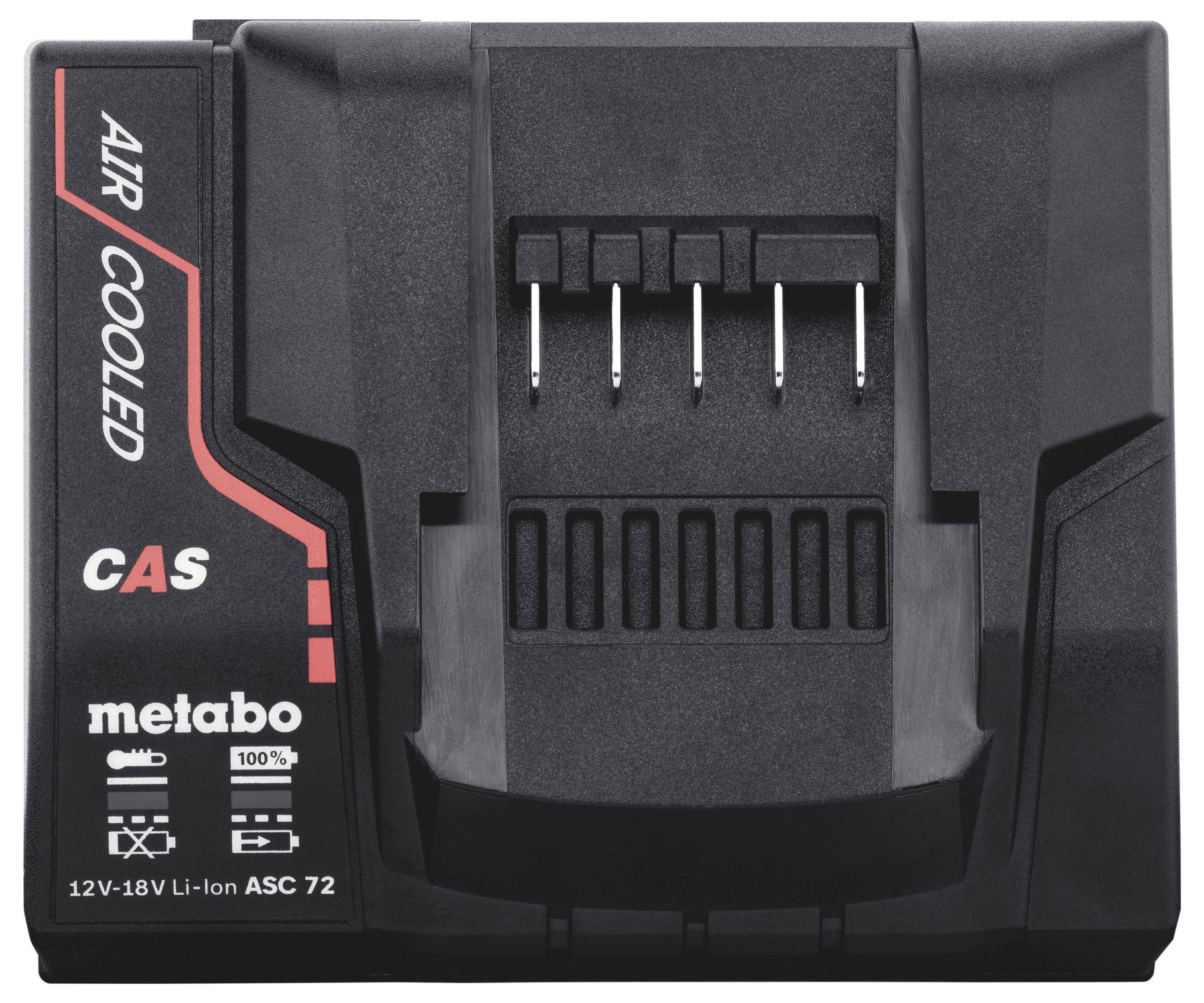 Metabo luftgekühltes Ladegerät für 12V-18V Li-Ionen-Batterien, mit vier Ladekontakten und Anzeigeschlitzen.