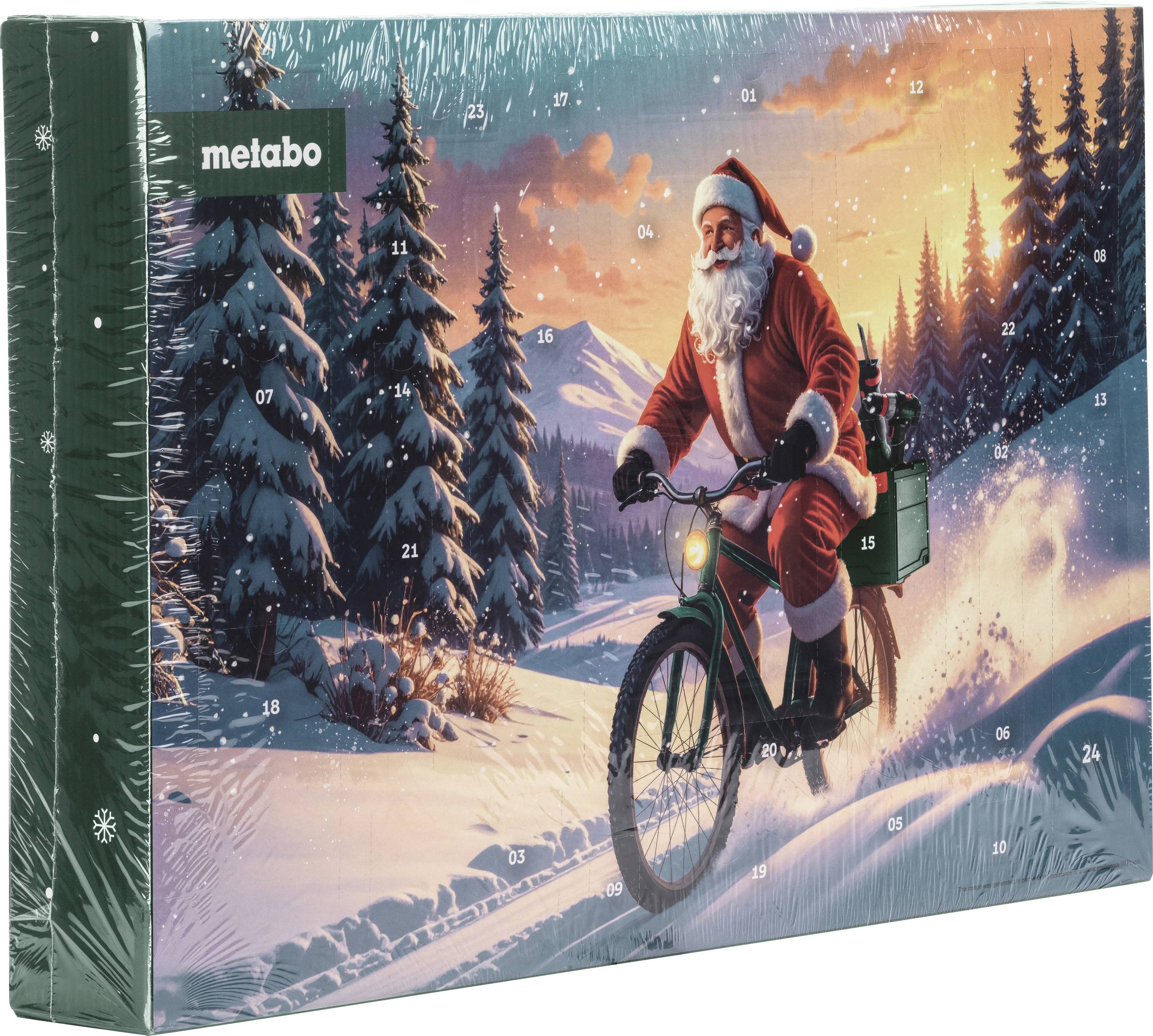 Illustrierte Metabo-Adventskalender-Box, die den Weihnachtsmann auf einem Fahrrad durch einen verschneiten Wald bei Sonnenuntergang zeigt.