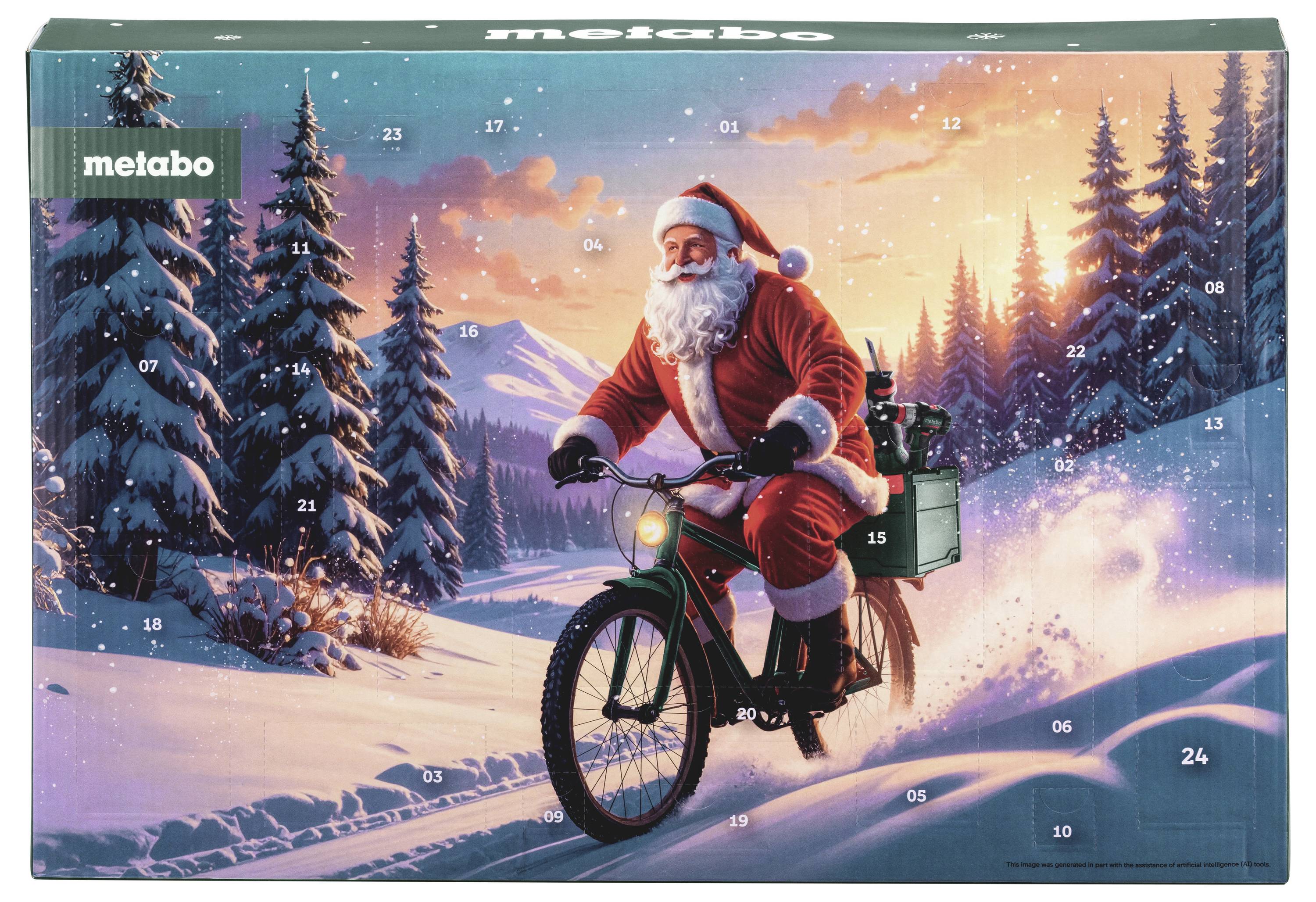 Metabo-Weihnachtskalender-Box mit dem Motiv des Weihnachtsmanns, der bei Sonnenuntergang auf einem Fahrrad durch eine verschneite Berglandschaft fährt.