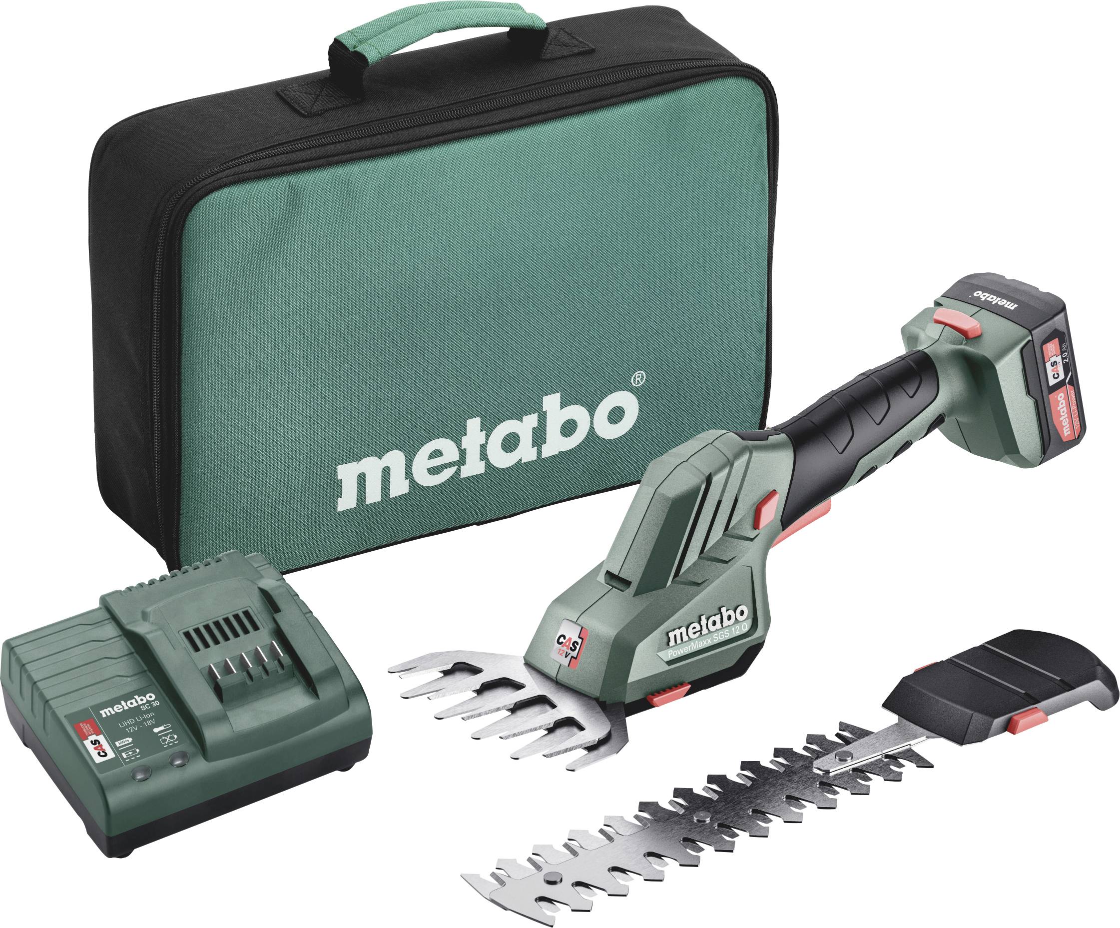 Metabo Akku-Heckenschere-Set mit Transporttasche, Akku, Ladegerät und zwei Schneidblättern.