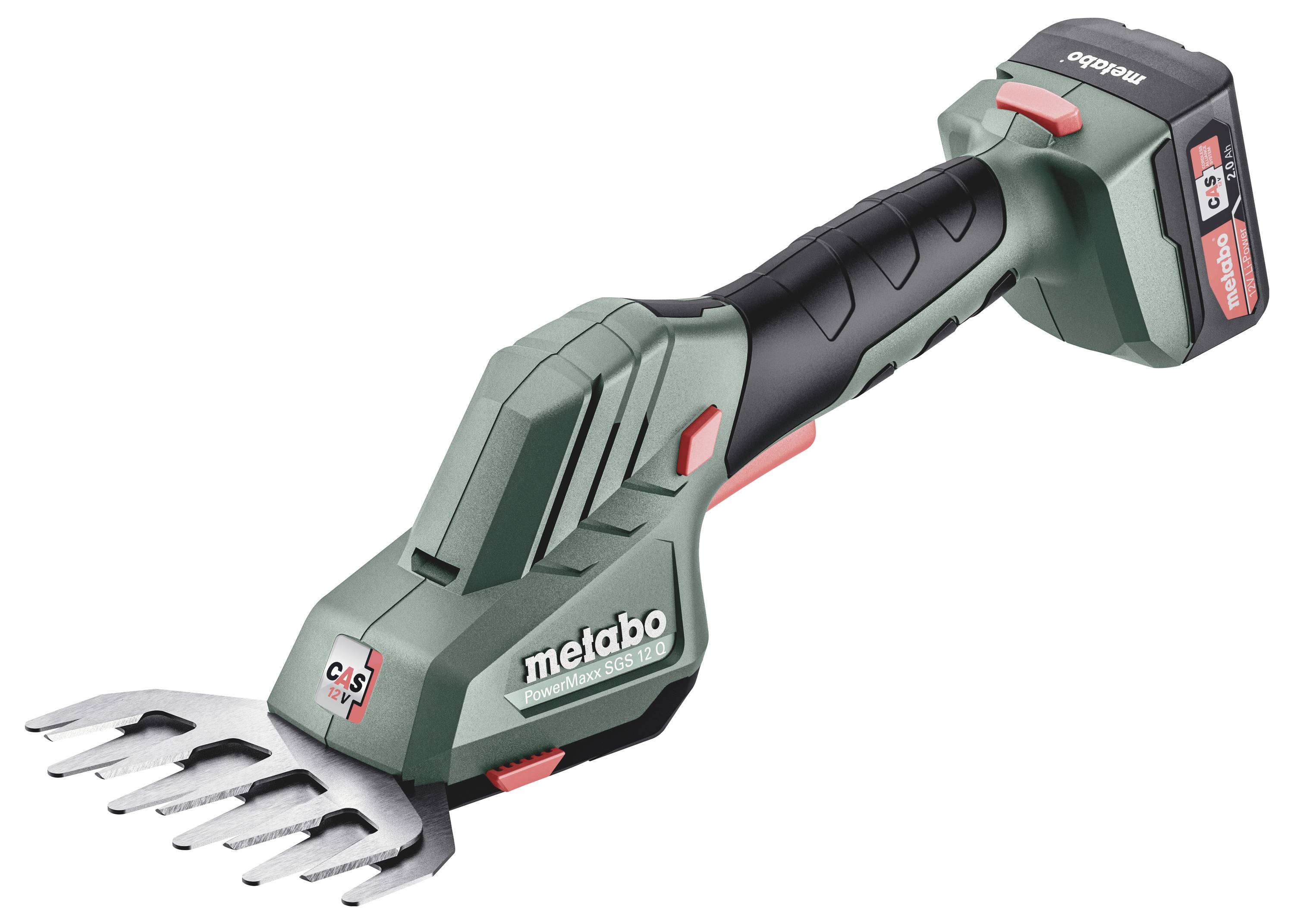 Kabelloser Metabo-Gartenschneider mit Akku, isoliert auf weißem Hintergrund abgebildet, mit Schneidekopf mit Sägezahnung und ergonomischem Griff.