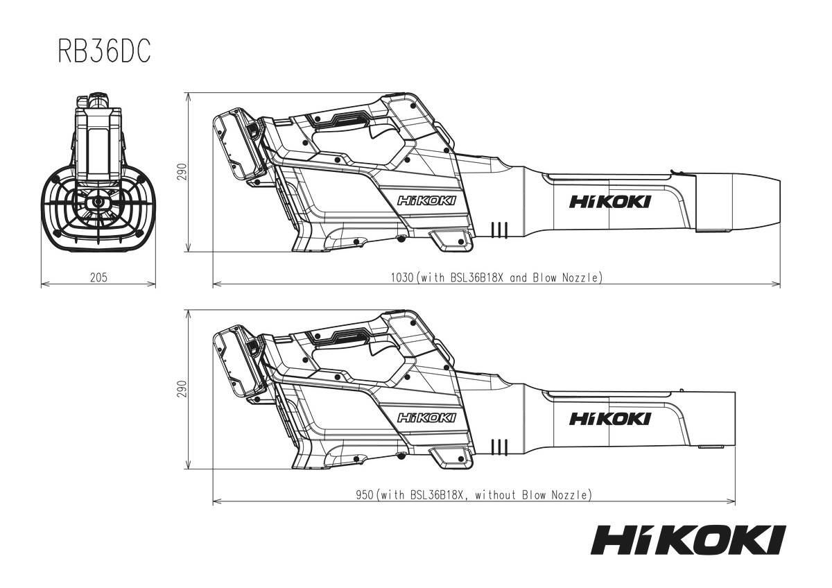 Technische Zeichnung des HiKOKI RB36DC Akku-Gebläses mit Vorder- und Seitenansichten mit Abmessungen und zwei Konfigurationen mit und ohne Blasdüse.