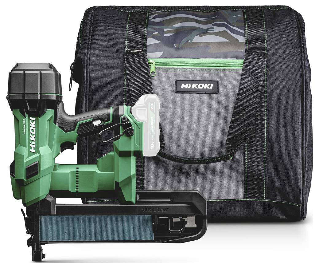 HiKOKI Akku-Nagler mit Akku neben einer schwarz-grauen Tragetasche mit grünem Rand und Vordertasche.