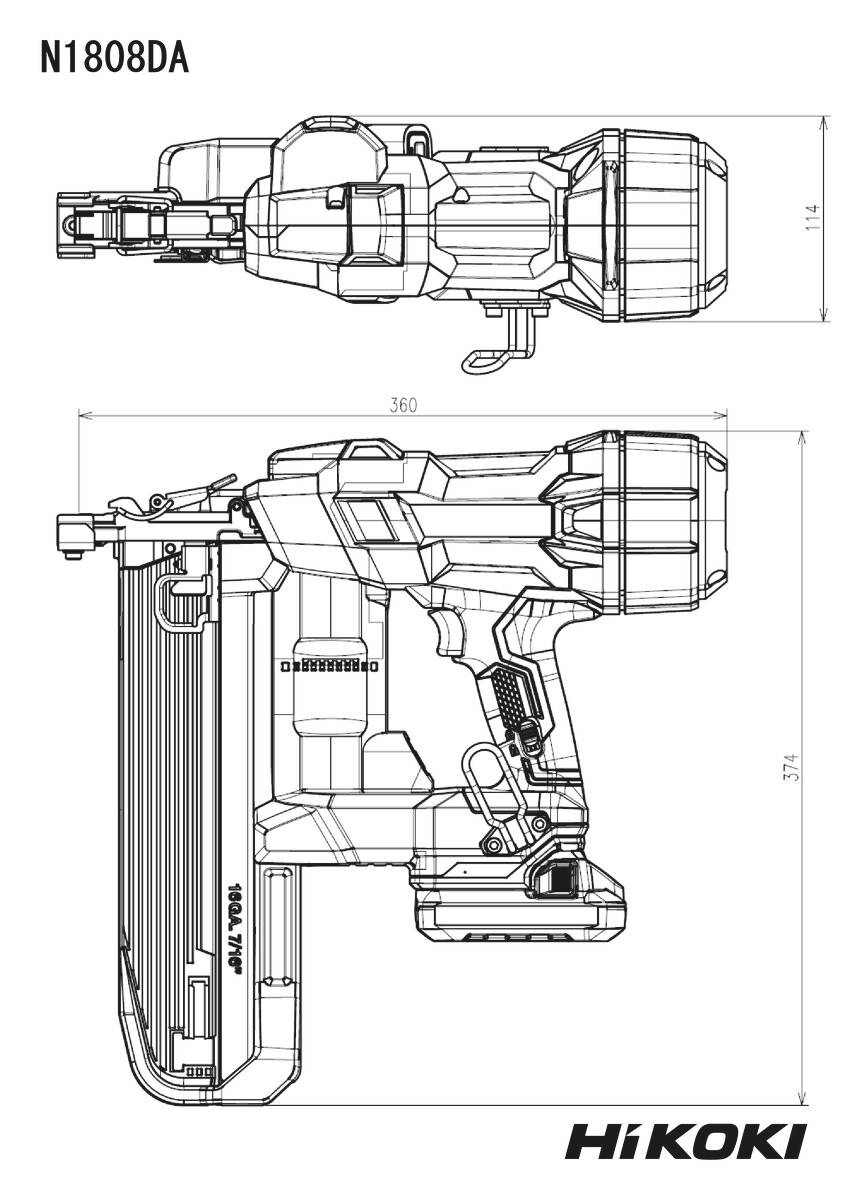 Technische Strichzeichnung eines Hikoki N1808DA Akku-Naglers in Seiten- und Draufsicht mit beschrifteten Abmessungen.